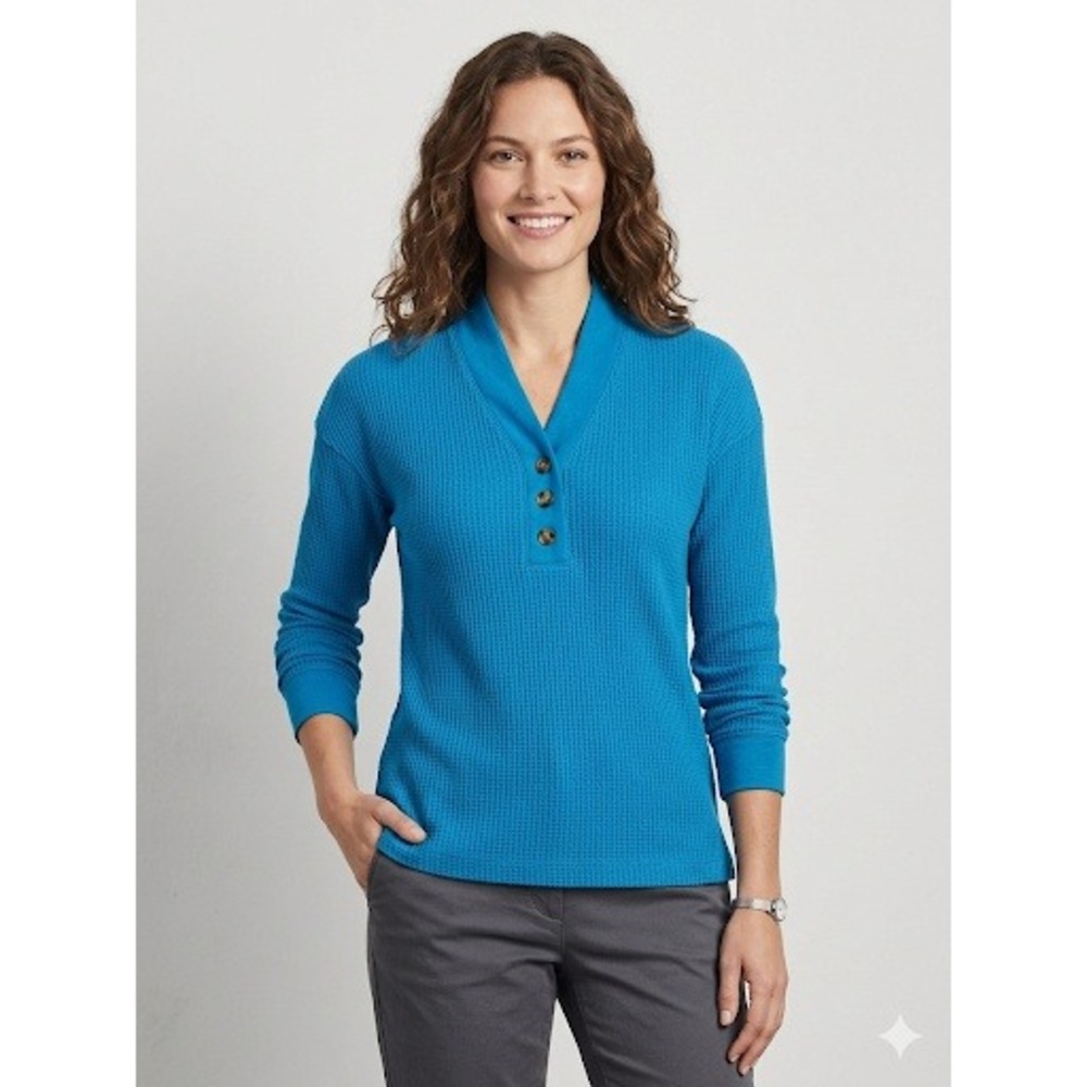 Lands End Small Blue Waffle Knit Shawl Collar Henley Long Sleeve Top Casual